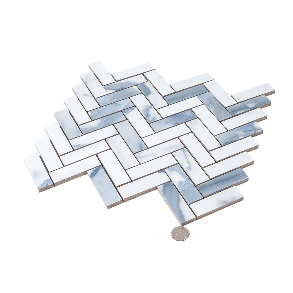 Azra Statuario Blue Herringbone Porcelain Mosaic Tile | Tile Club