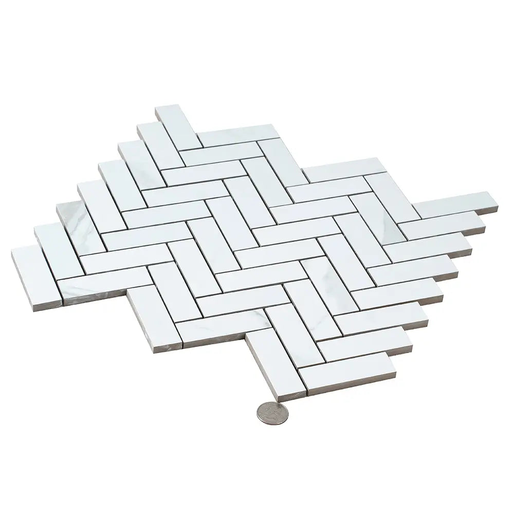 Azra Statuario Smoke Herringbone Porcelain Mosaic Tile | Tile Club