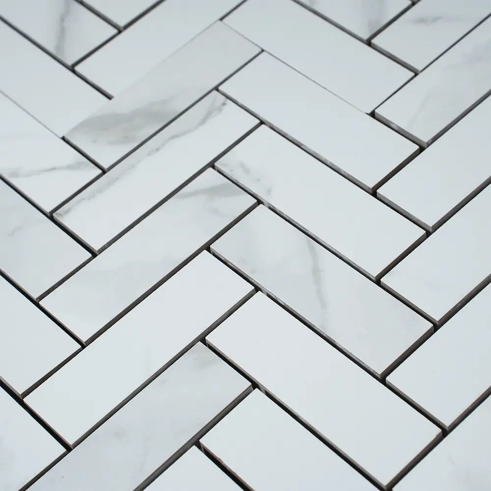 Azra Statuario Smoke Herringbone Porcelain Mosaic Tile | Tile Club