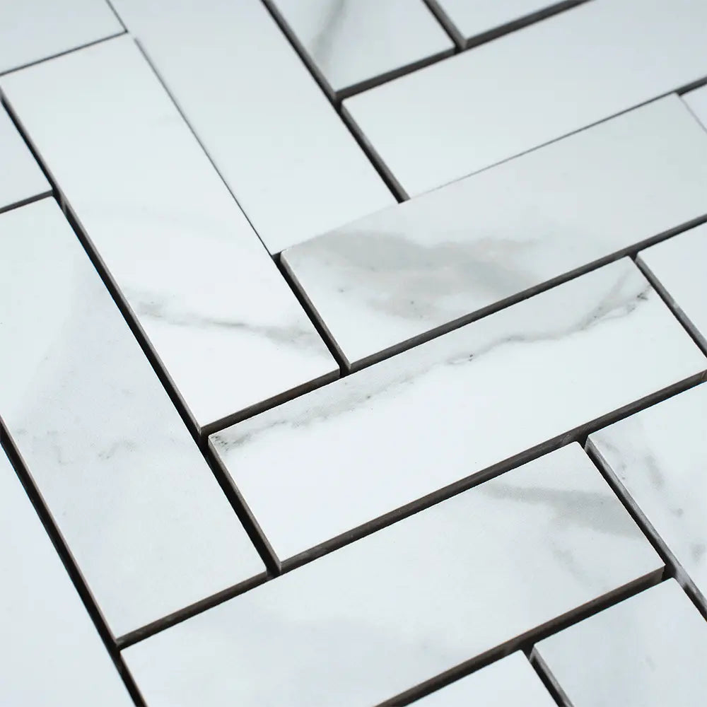Azra Statuario Smoke Herringbone Porcelain Mosaic Tile | Tile Club