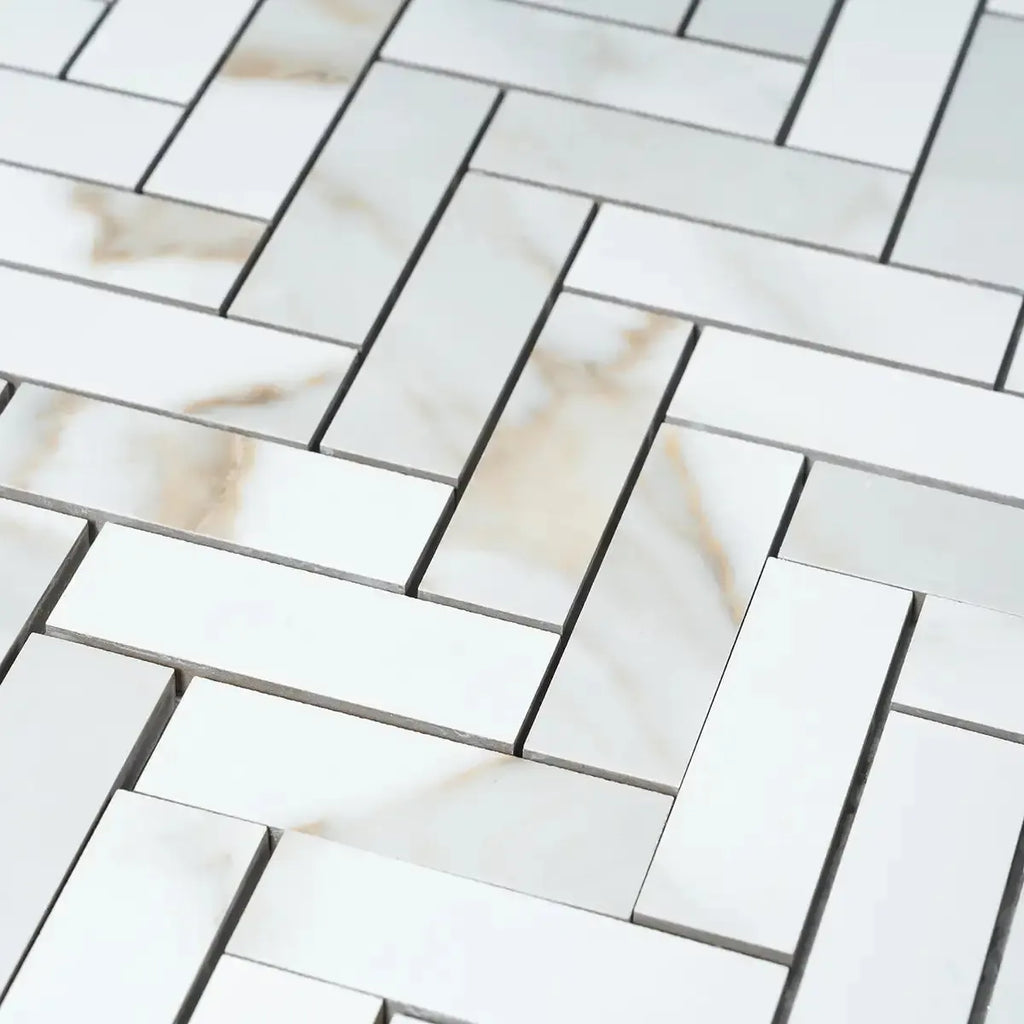Azra Statuario Coffee Herringbone Porcelain Mosaic Tile | Tile Club