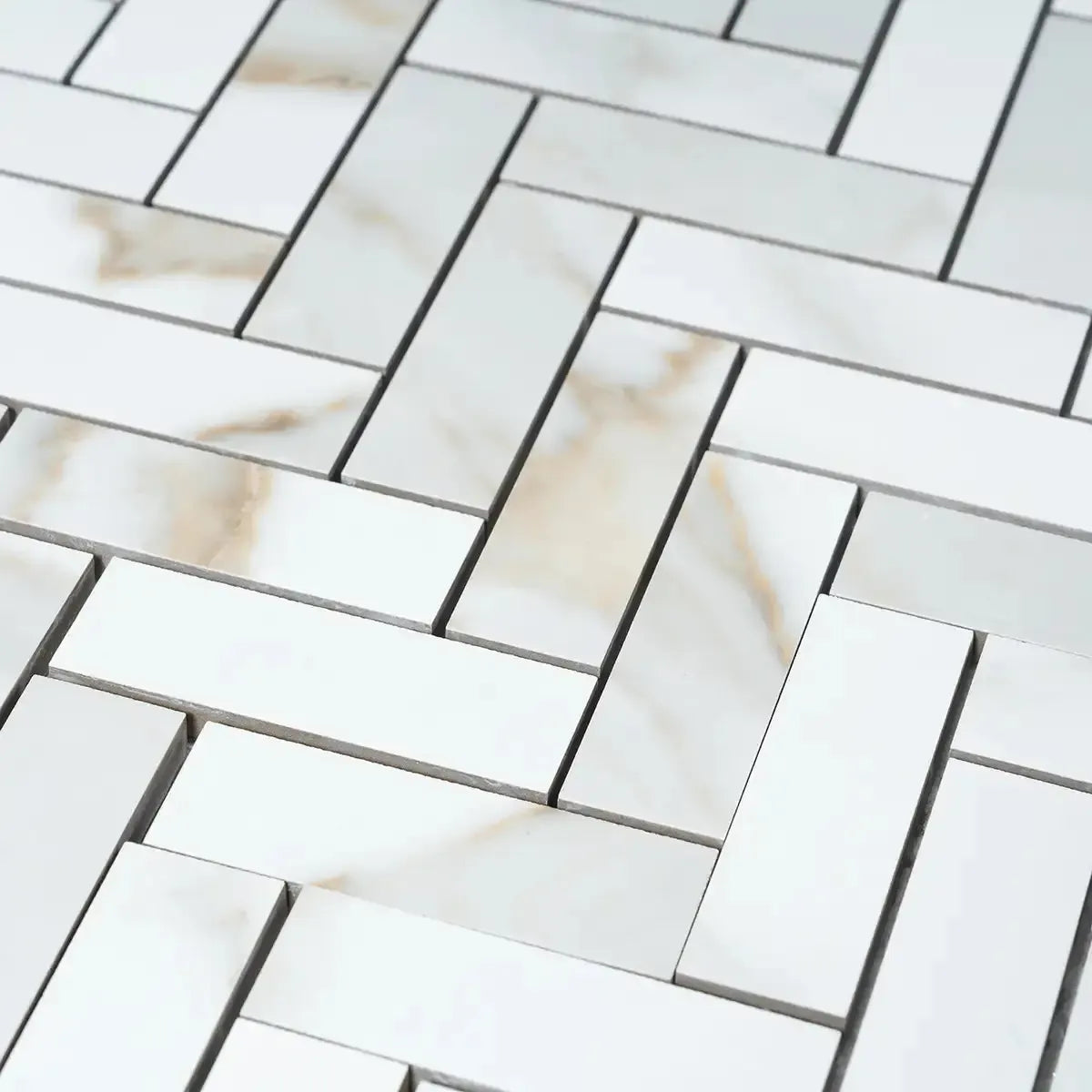 Azra Statuario Coffee Herringbone Porcelain Mosaic Tile | Tile Club