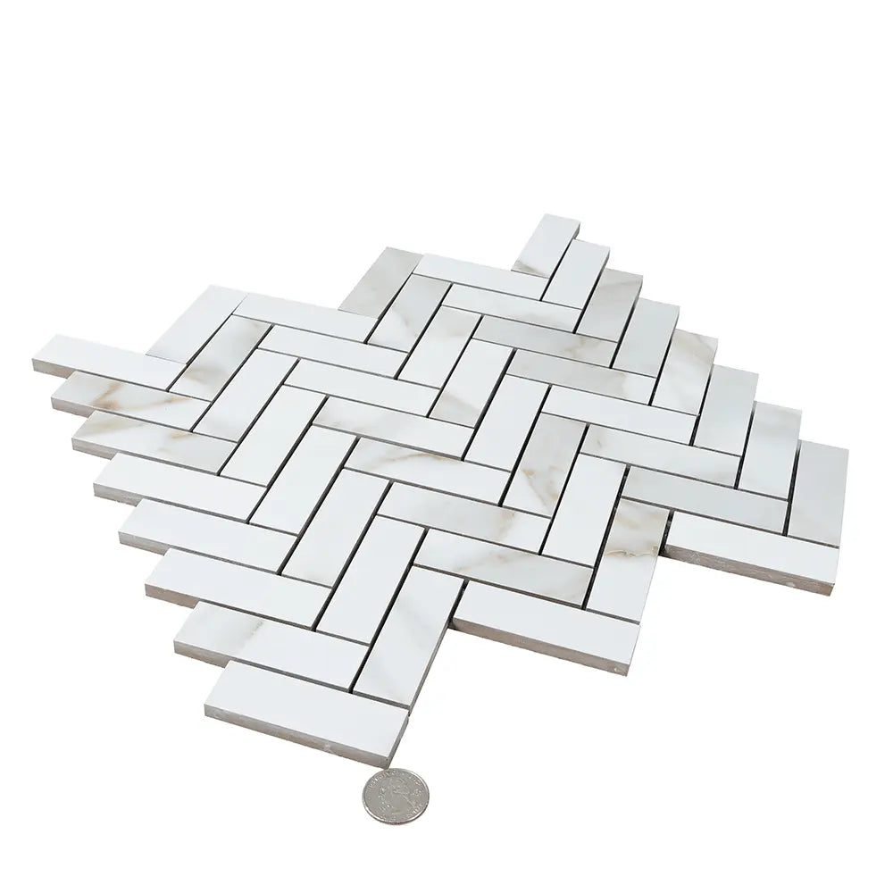 Azra Statuario Coffee Herringbone Porcelain Mosaic Tile | Tile Club