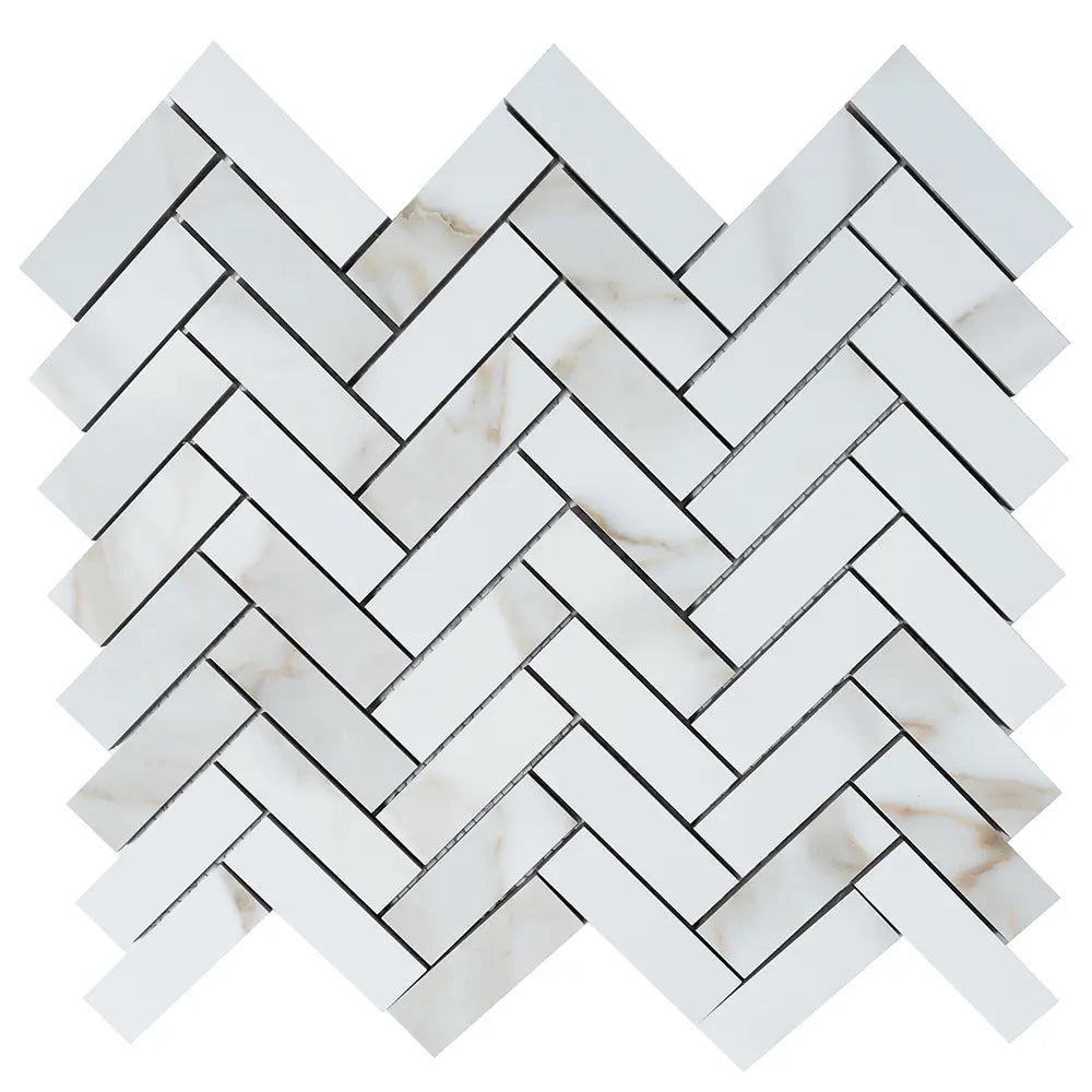 Azra Statuario Coffee Herringbone Porcelain Mosaic Tile | Tile Club