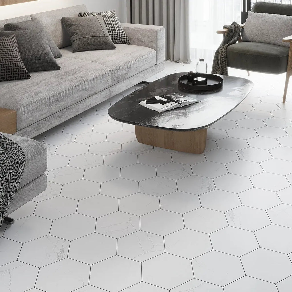 Acadia White Hexagon Tile Living Room Flooring