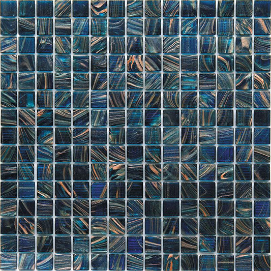 Aegean Blue with Gold Swirls Mixed Glossy Squares Glass Pool Tile