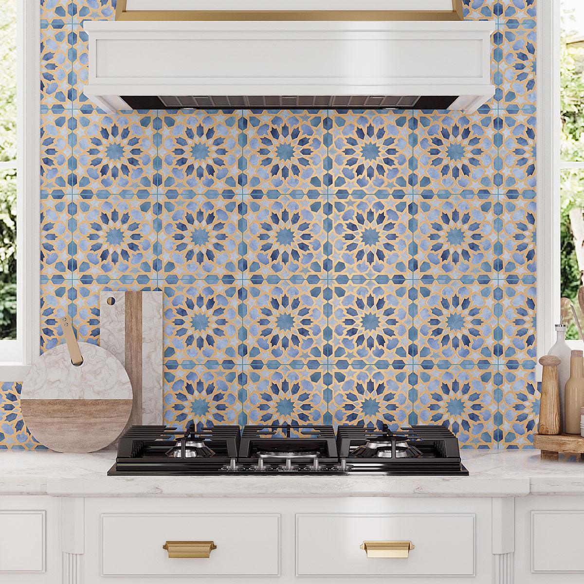 Amira Regal Samarkand Blue and Gold Patterned Porcelain Tile Backsplash