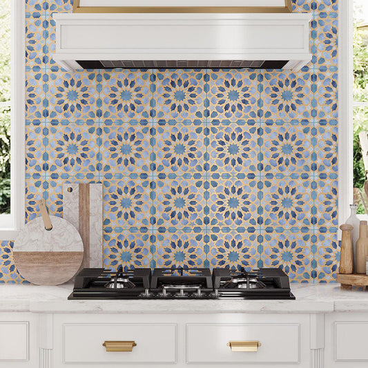 Amira Regal Samarkand Blue and Gold Patterned Porcelain Tile Backsplash