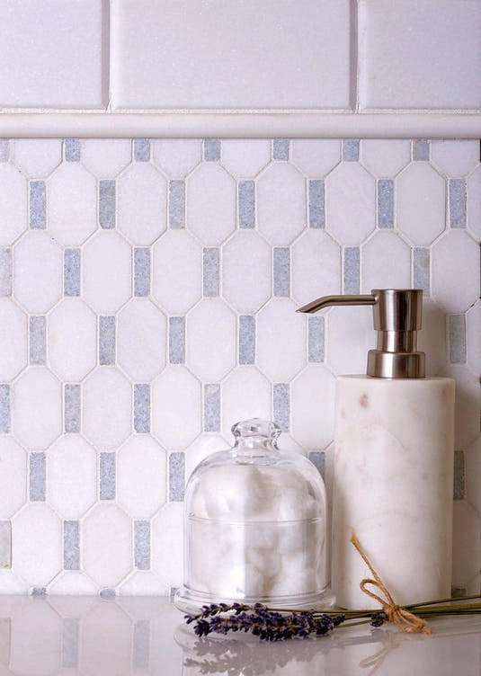 Blue and white backsplash tile 