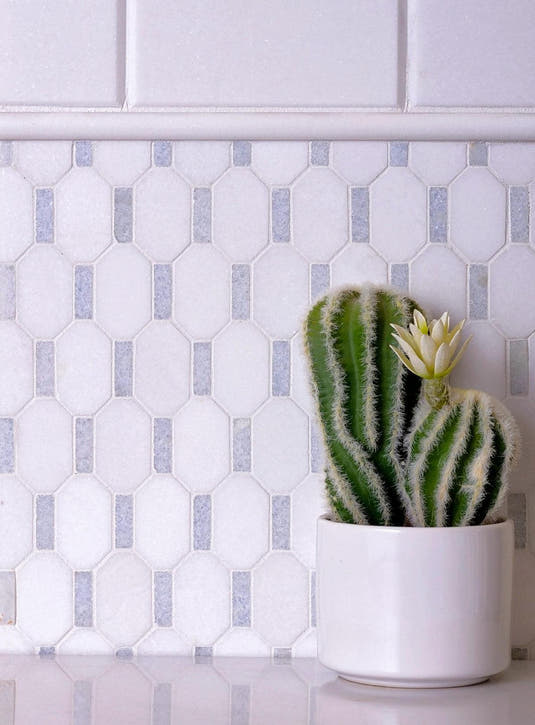 White thassos and blue celeste marble mosaic tile