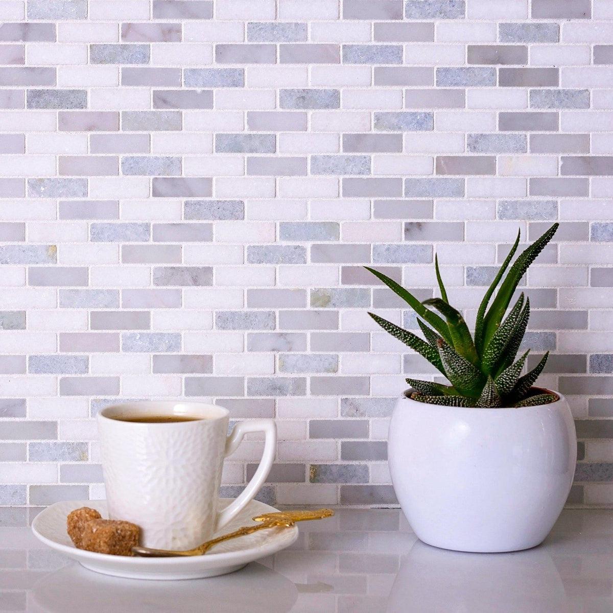 Azul Cielo Thassos And Carrara Mini Brick Marble Mosaic Tile