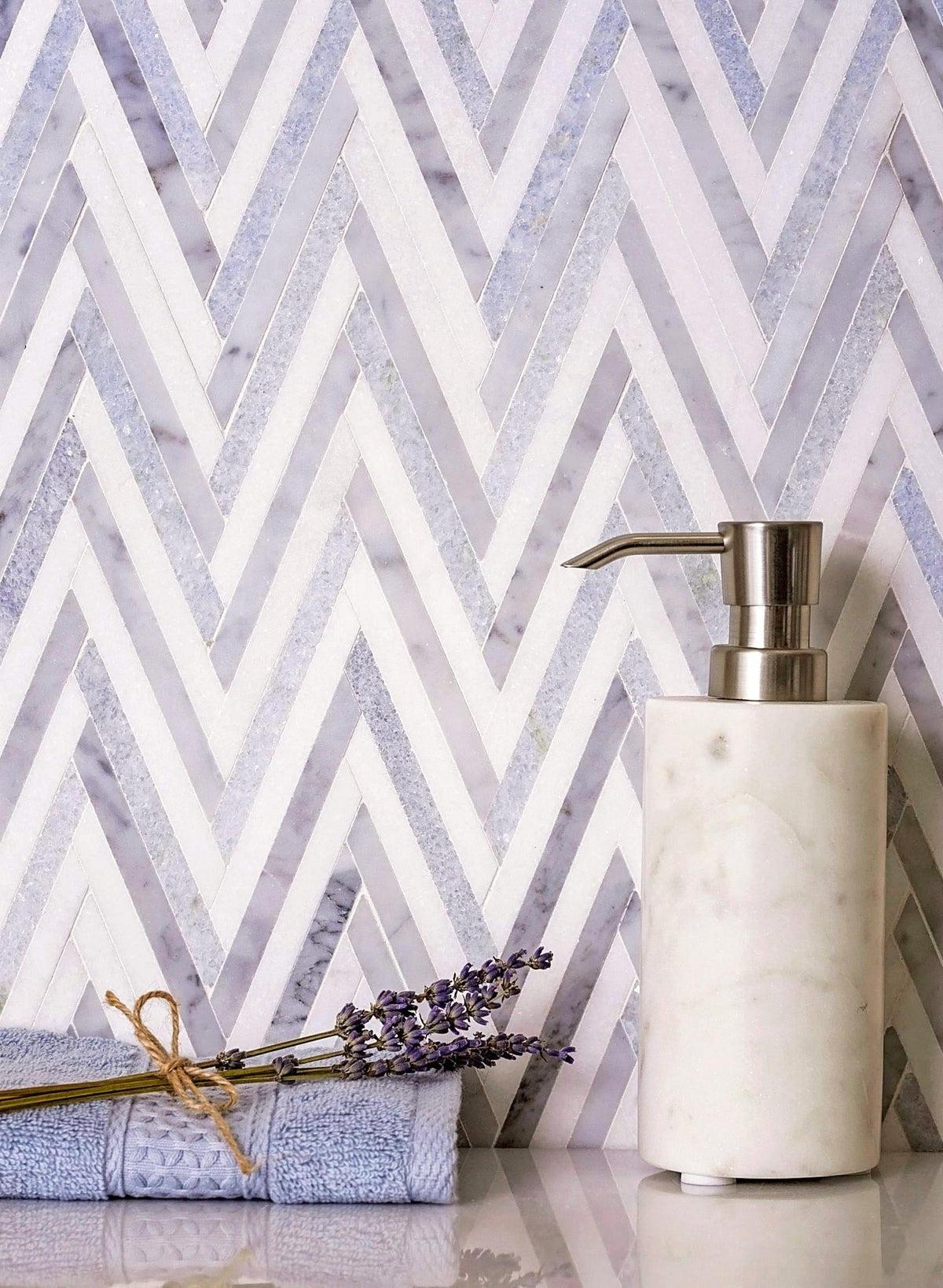 Azul Cielo Thassos And Carrara Striped Chevron Mosaic Tile 5
