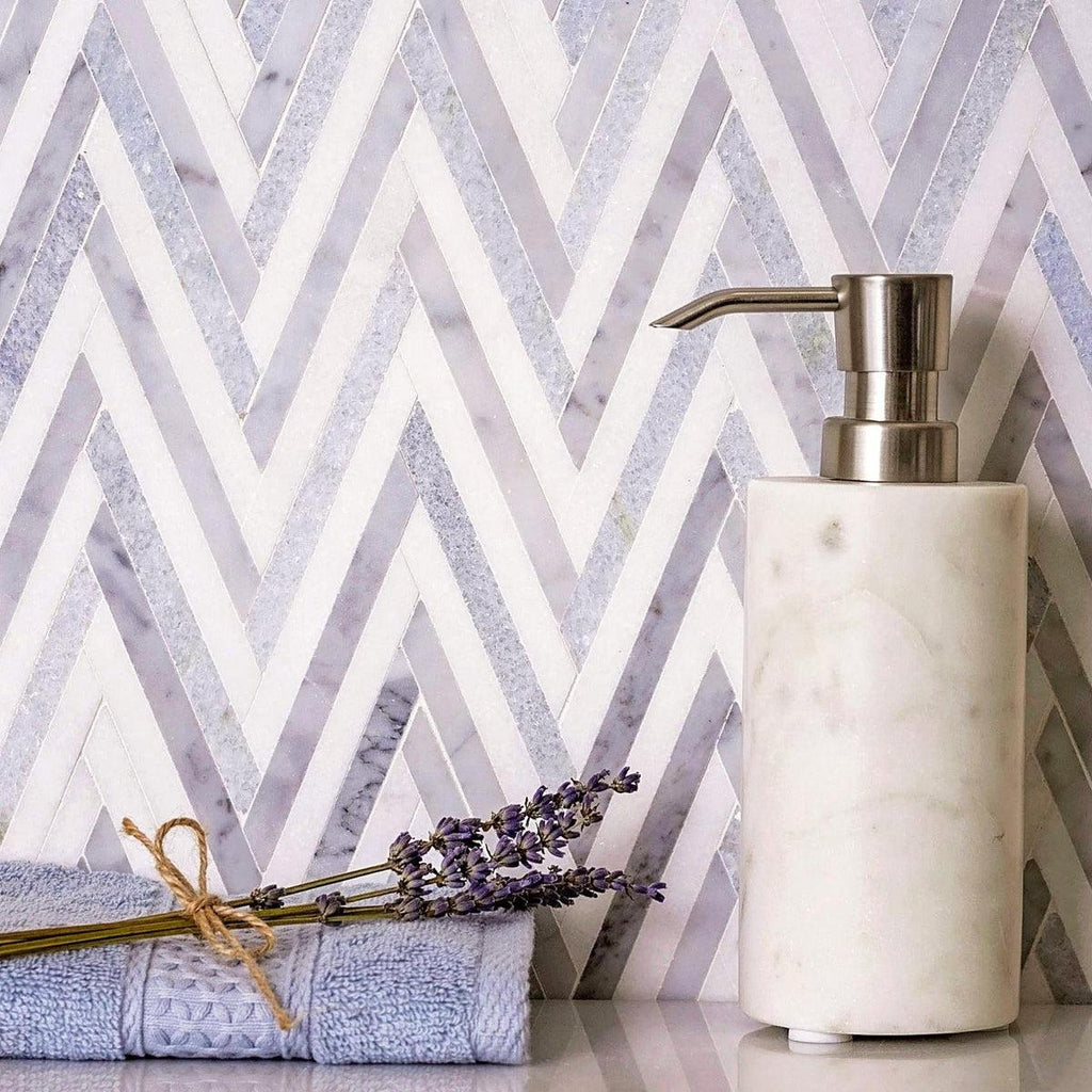 Azul Cielo Thassos And Carrara Striped Chevron Mosaic Tile