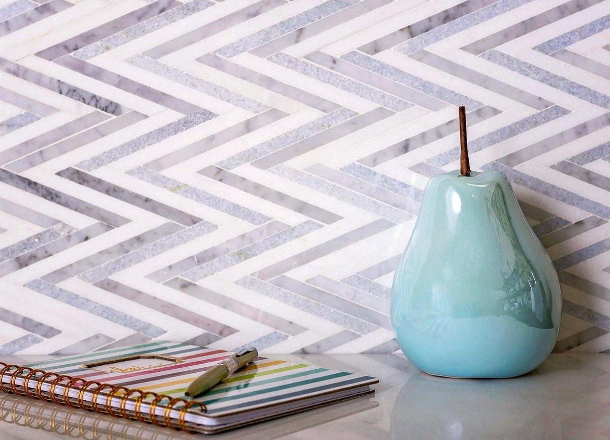 Azul Cielo Thassos And Carrara Striped Chevron Mosaic Tile 2