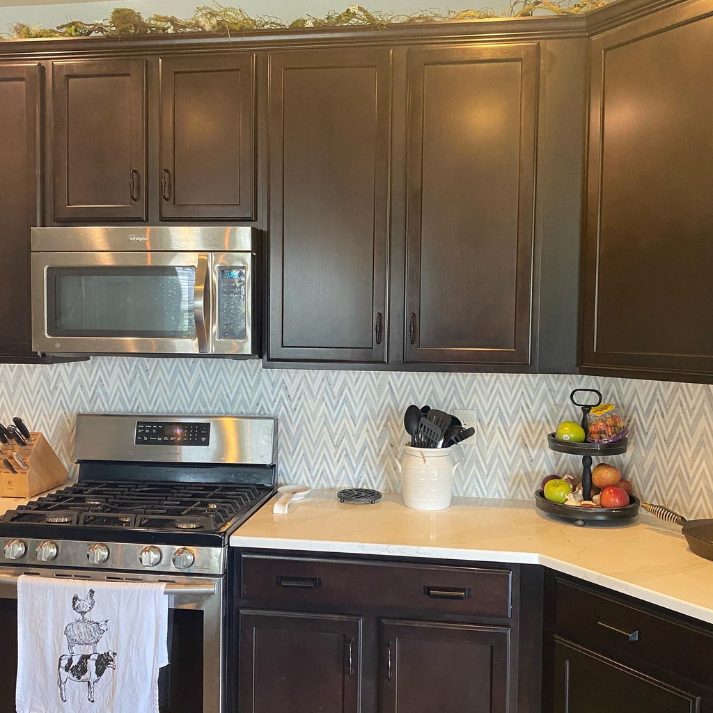 Azul Cielo Thassos And Carrara Striped Chevron Mosaic Tile | Tile Club