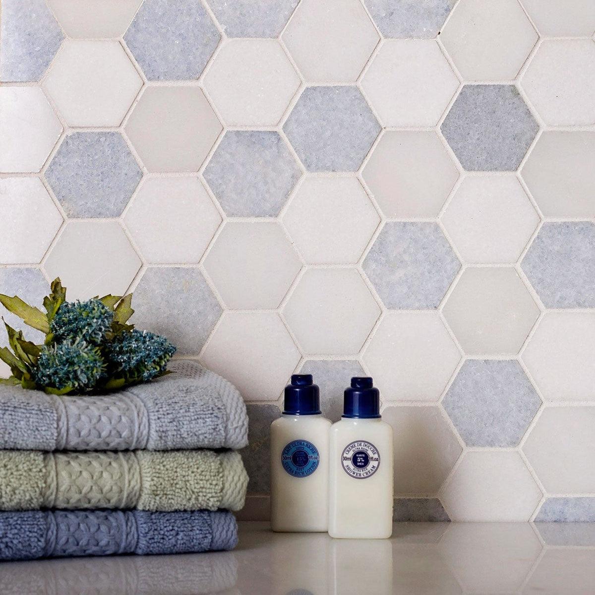 Blue and white marble hexagon tile