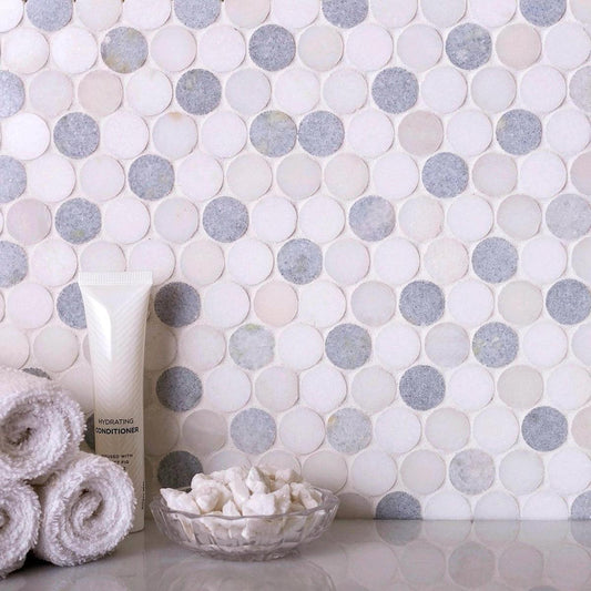 Azul Cielo Thassos And Paper White Penny Rounds Marble Mosaic Tile Polished 11.2" x 11.5"