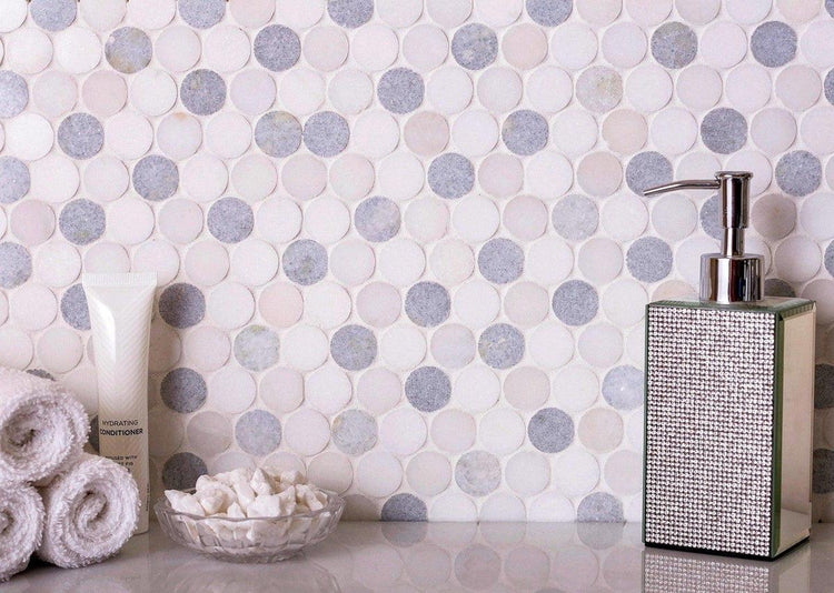 Azul Cielo Thassos And Paper White Penny Rounds Marble Mosaic Tile Polished | 11.2" x 11.5" Mosaic Tile