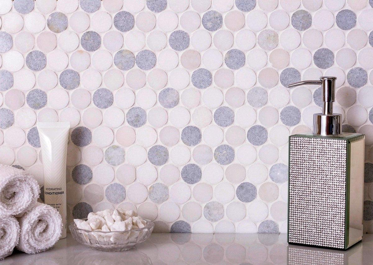 Azul Cielo Thassos And Paper White Penny Rounds Marble Mosaic Tile Polished | 11.2" x 11.5" Mosaic Tile