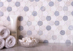 11.2" x 11.5" Azul Cielo Thassos And Paper White Penny Rounds Marble Mosaic Tile Polished