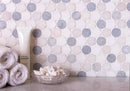 11.2" x 11.5" Azul Cielo Thassos And Paper White Penny Rounds Marble Mosaic Tile Polished
