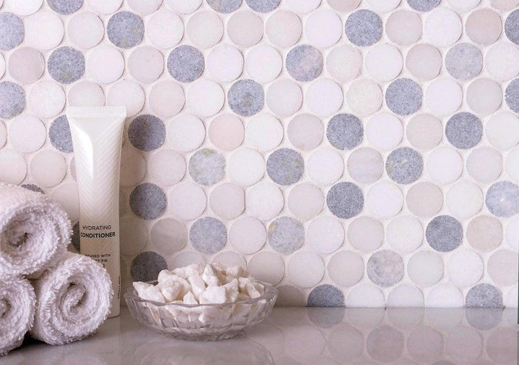 11.2" x 11.5" Azul Cielo Thassos And Paper White Penny Rounds Marble Mosaic Tile Polished