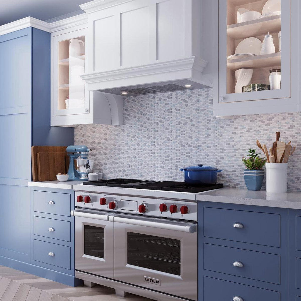 Blue and White Kitchen with Azul Cielo Thassos And Carrara Mini Brick Marble Mosaic Tile Backsplash