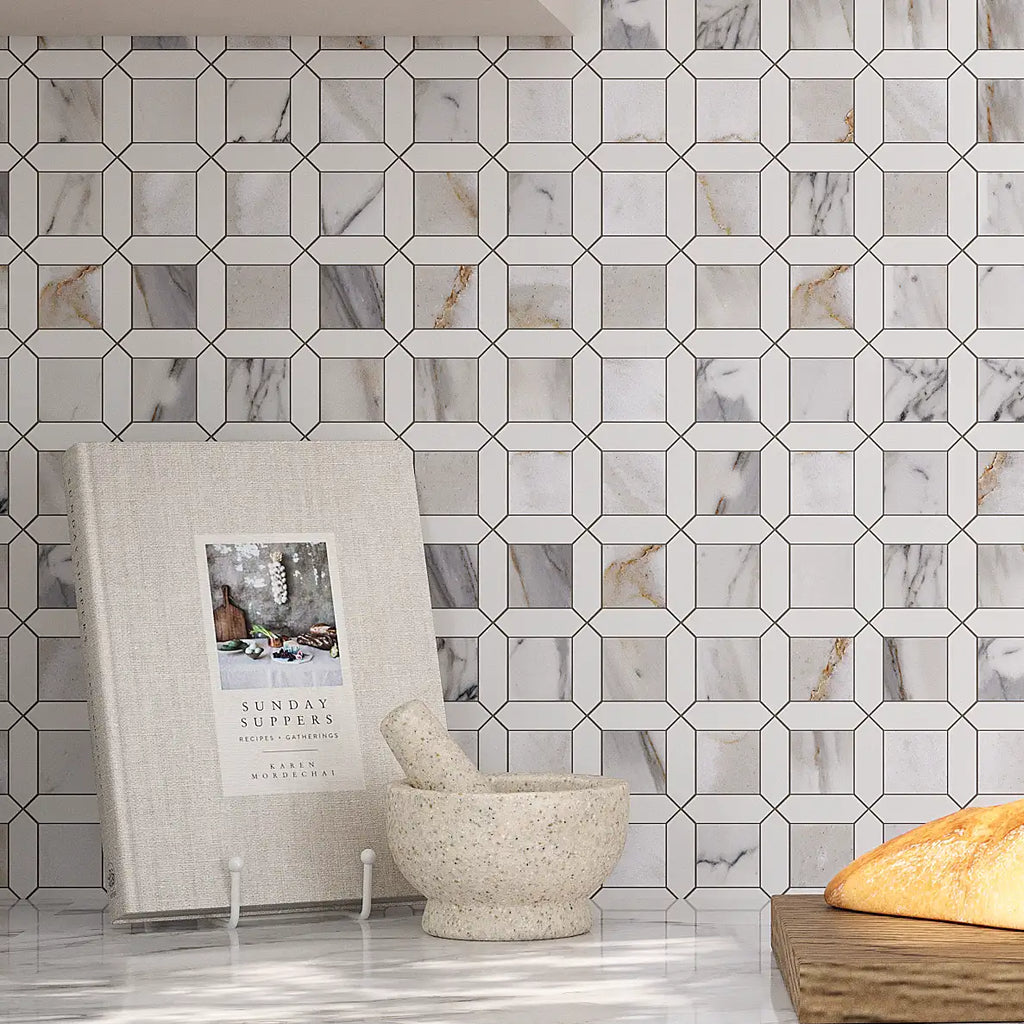 Calacatta Monet Octagon and Thassos Square Marble Mosaic Tile | Tile Club