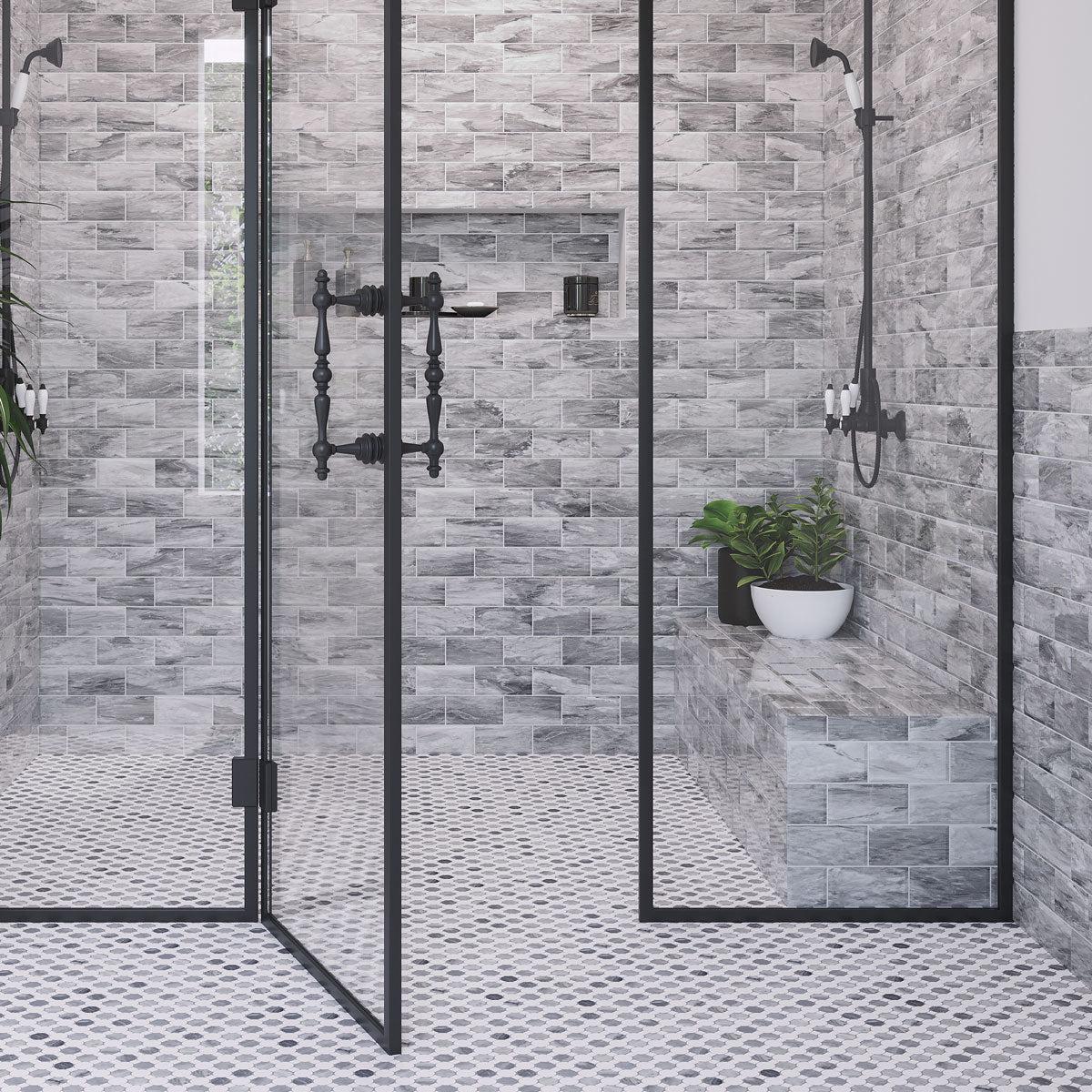 Bardiglio 3X6 Beveled Marble Subway Tile Shower Wall and Bench
