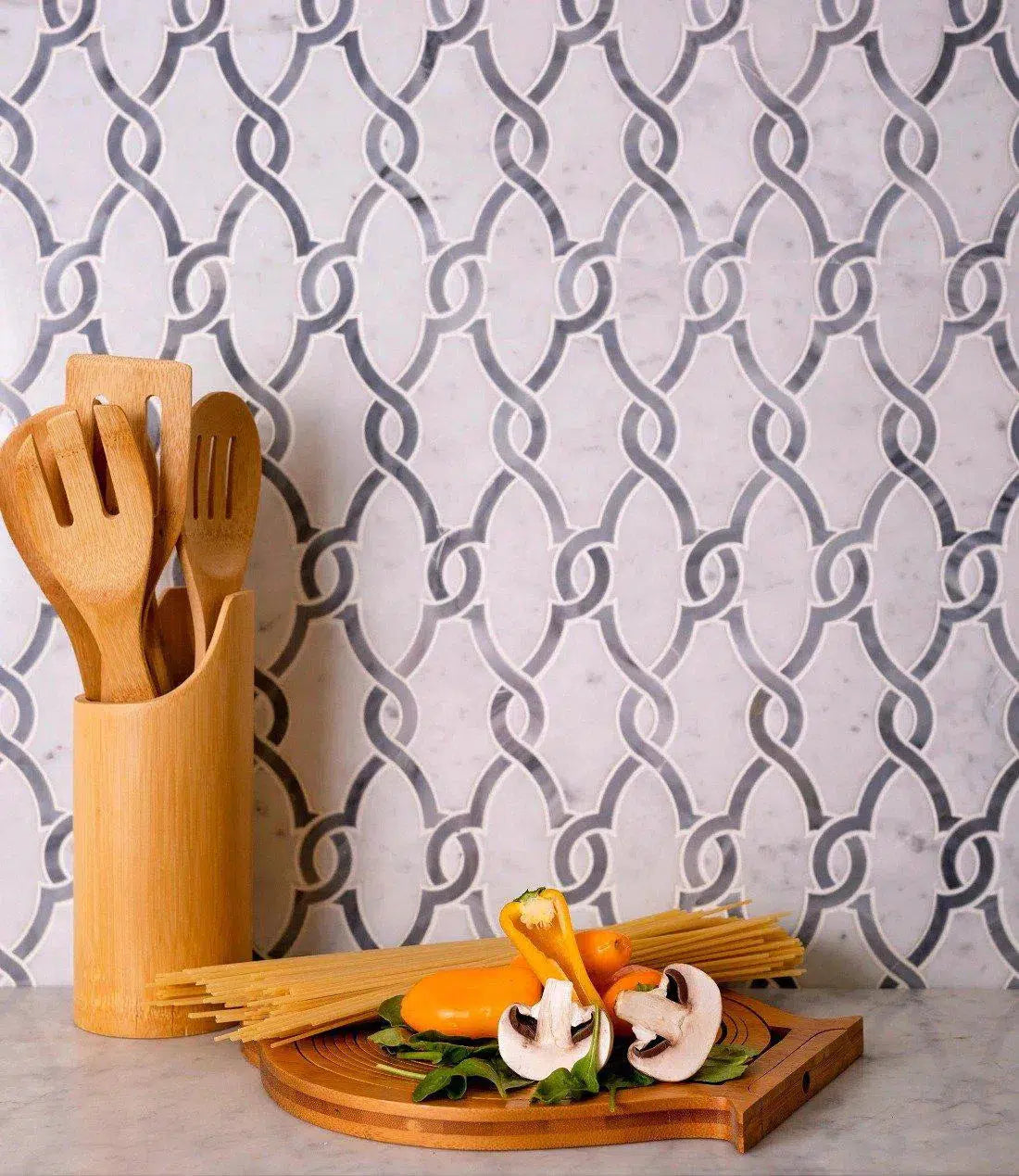 Bardiglio Chains Marble Mosaic Tile for a Patterned Kitchen Design