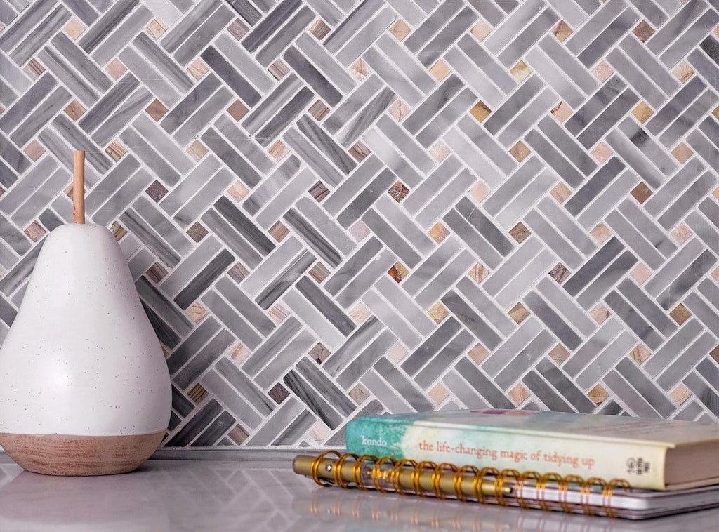 Bardiglio Double Weave With Multicolor Dots Marble Mosaic Tile