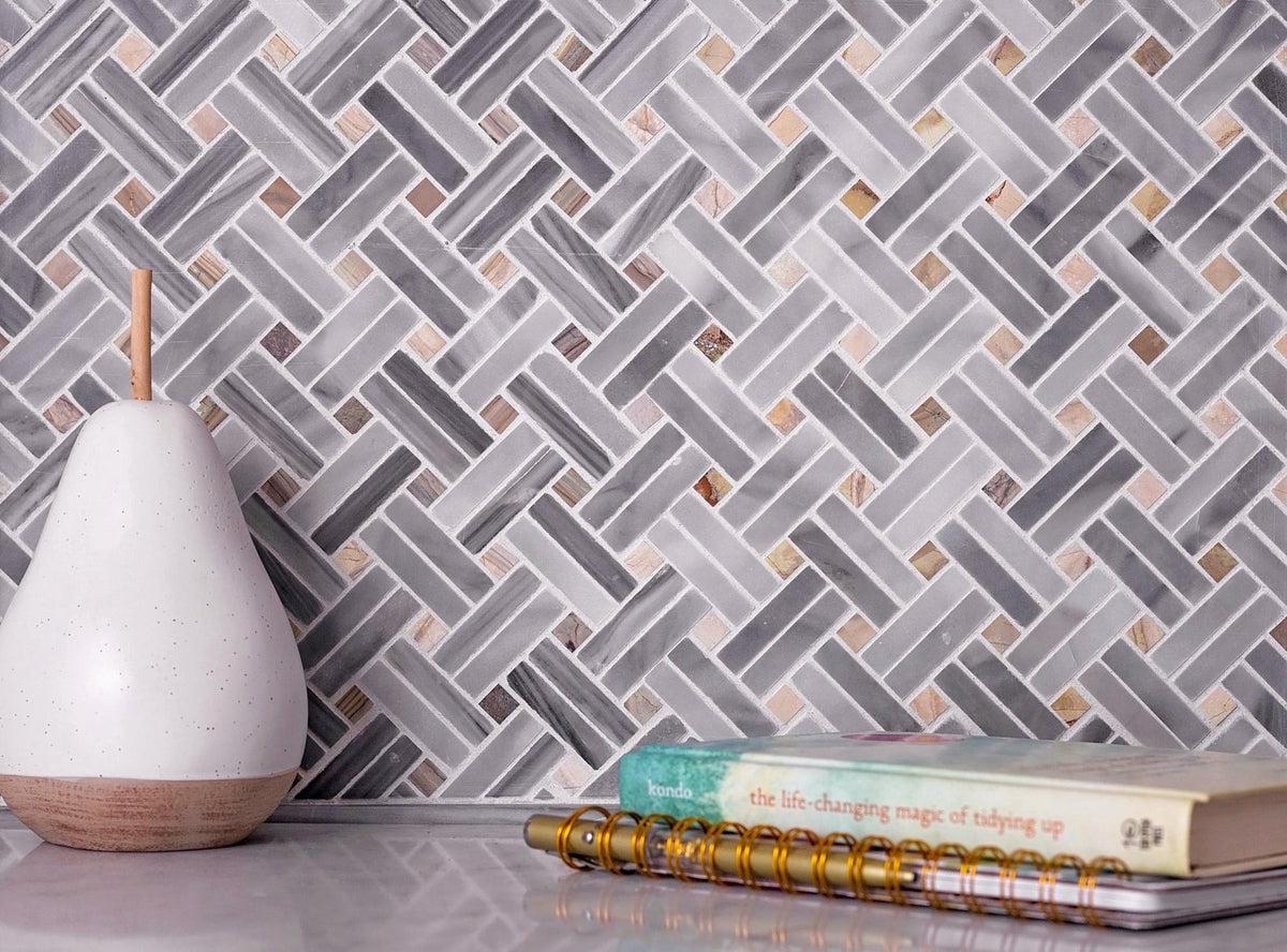 Bardiglio Double Weave With Multicolor Dots Marble Mosaic Tile