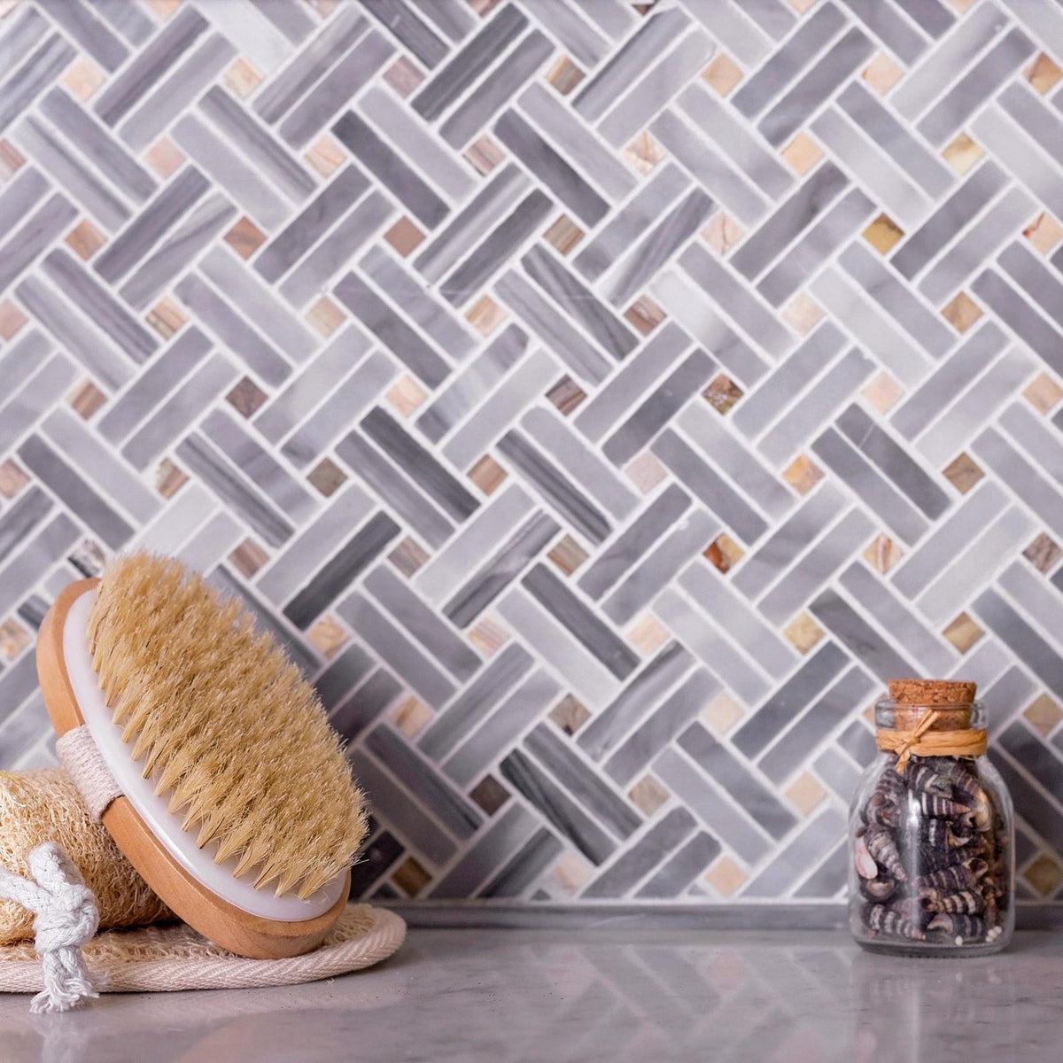 Bardiglio Double Weave With Multicolor Dots Marble Mosaic Tile for a Bathroom Design