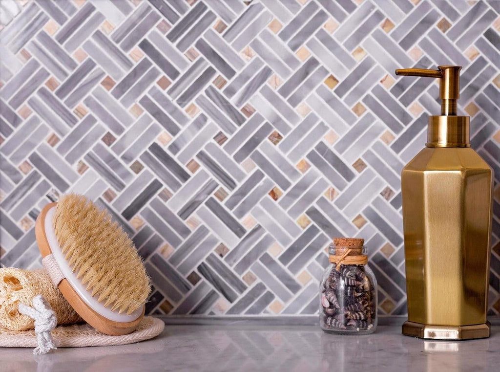 Bardiglio Double Weave With Multicolor Dots Marble Mosaic Tile