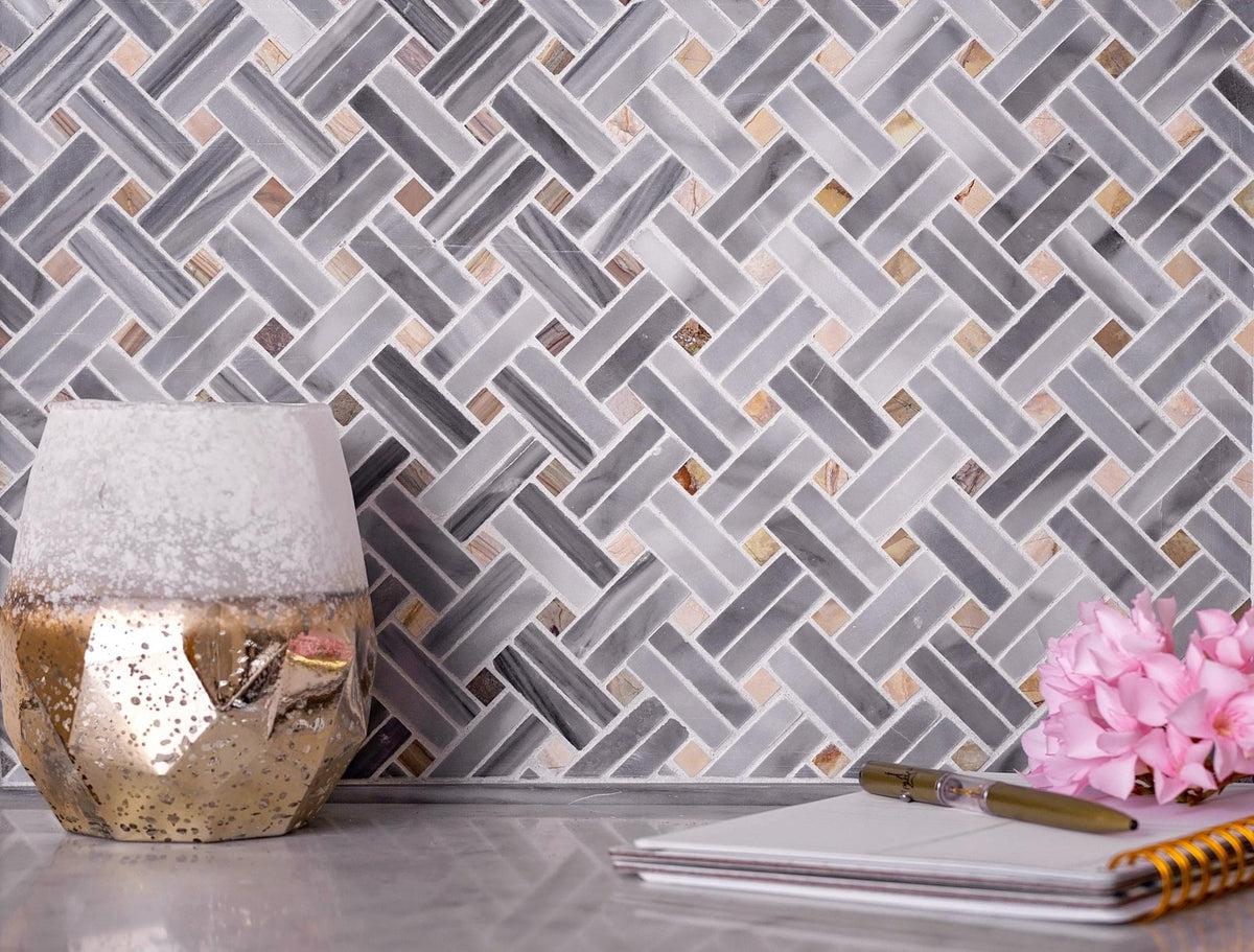 Bardiglio Double Weave With Multicolor Dots Marble Mosaic Tile