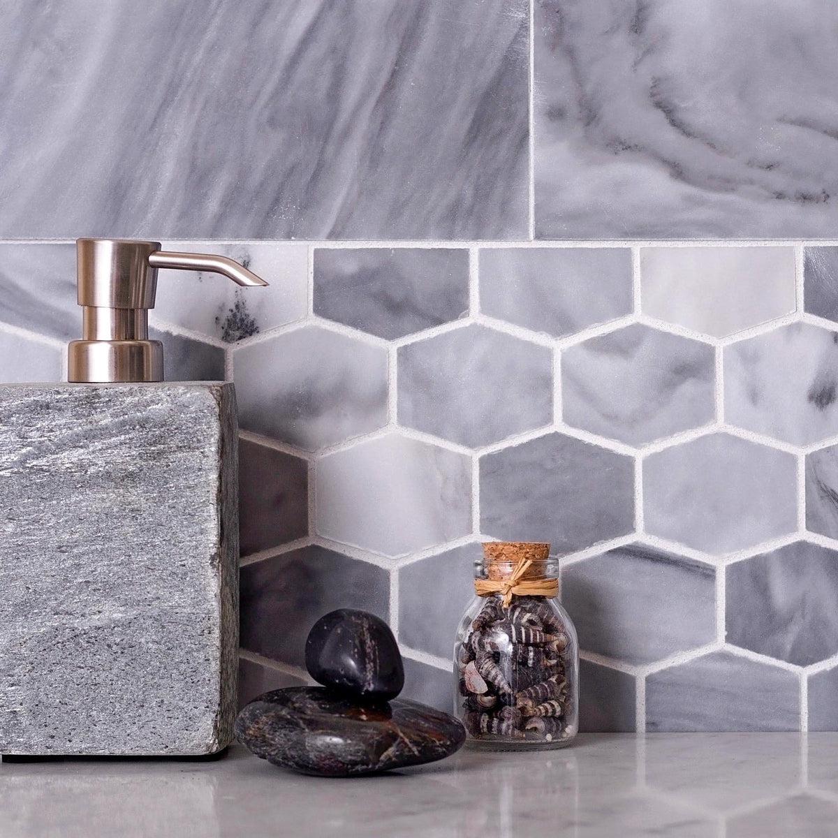 Bardiglio Elongated Hexagon Polished Marble Mosaic Tile