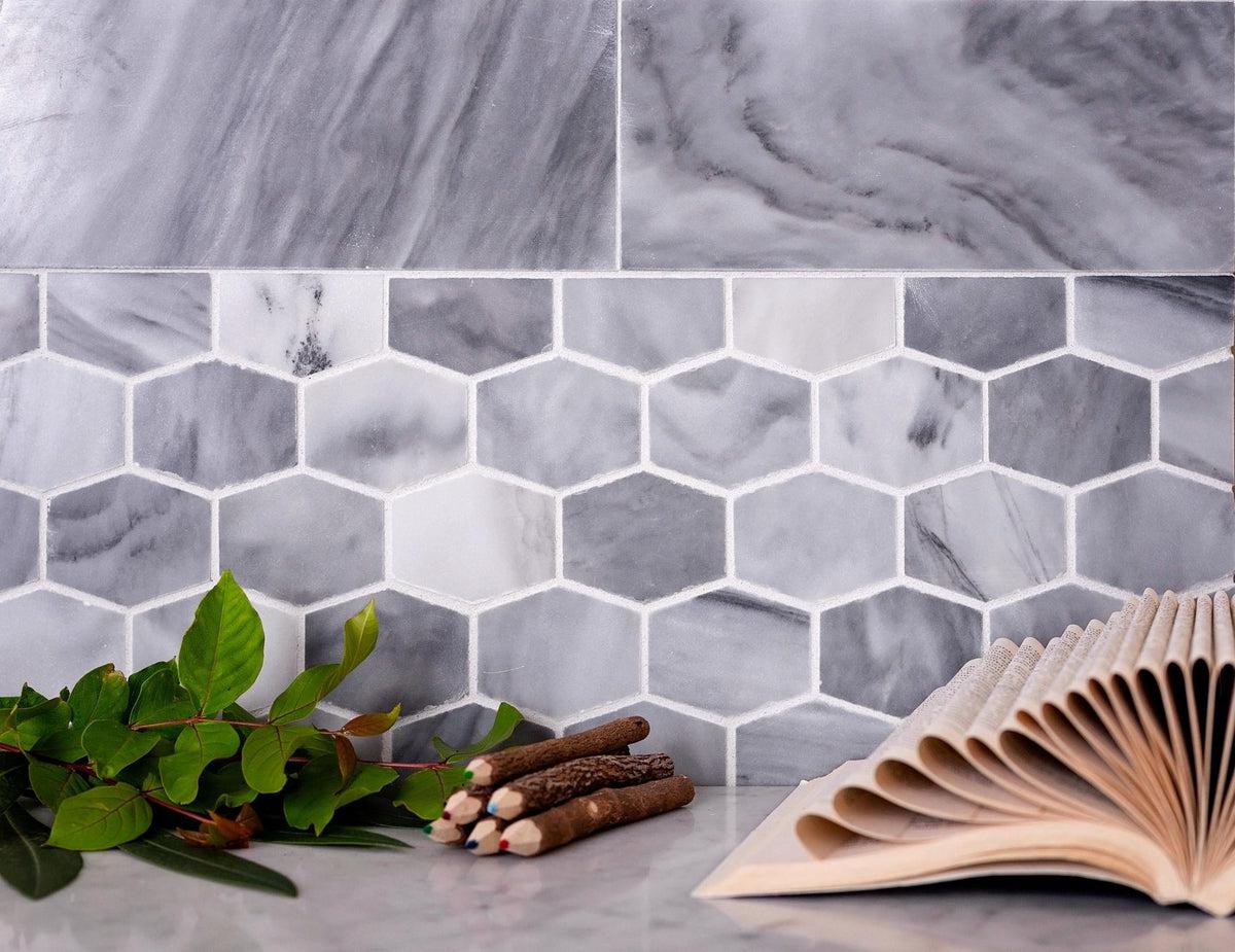 Bardiglio Elongated Hexagon Polished Marble Mosaic Tile