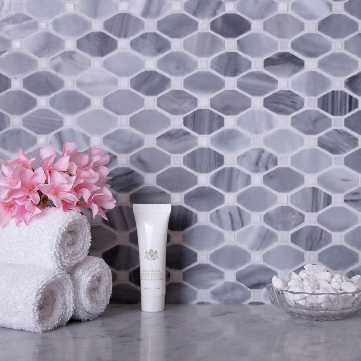 Bardiglio Octagon With Oriental White Dot Marble Mosaic Tile | Tile Club