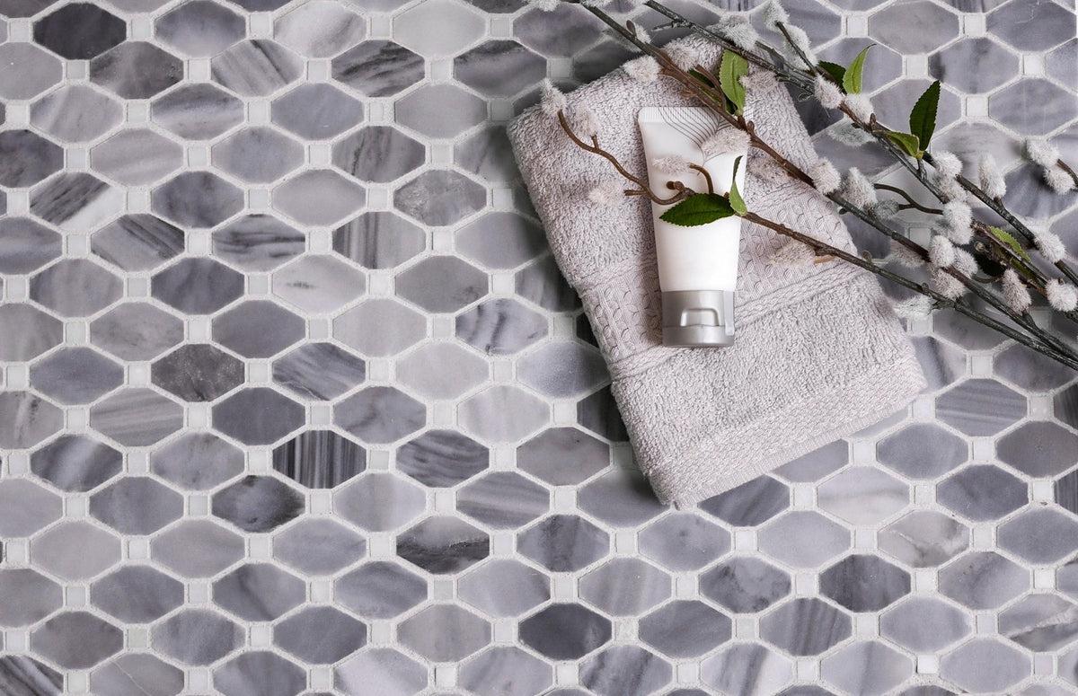 Bardiglio Octagon With Oriental White Dot Marble Mosaic Tile