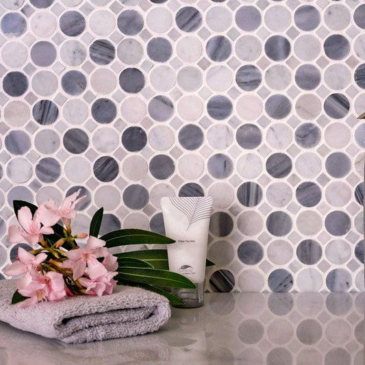 Bardiglio Penny Round & Carrara Dot Marble Mosaic Tile