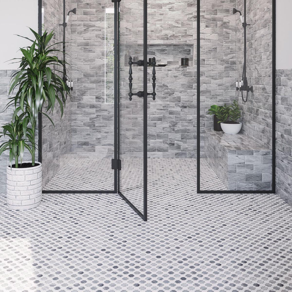 Glass Grame Shower Enclosure with Bardiglio Penny Round & Carrara Dot Marble Mosaic Tile Floor