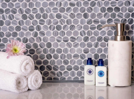 Gray and White Marble Penny Tile Bathroom Wall