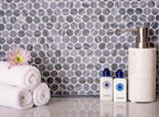 Gray and White Marble Penny Tile Bathroom Wall