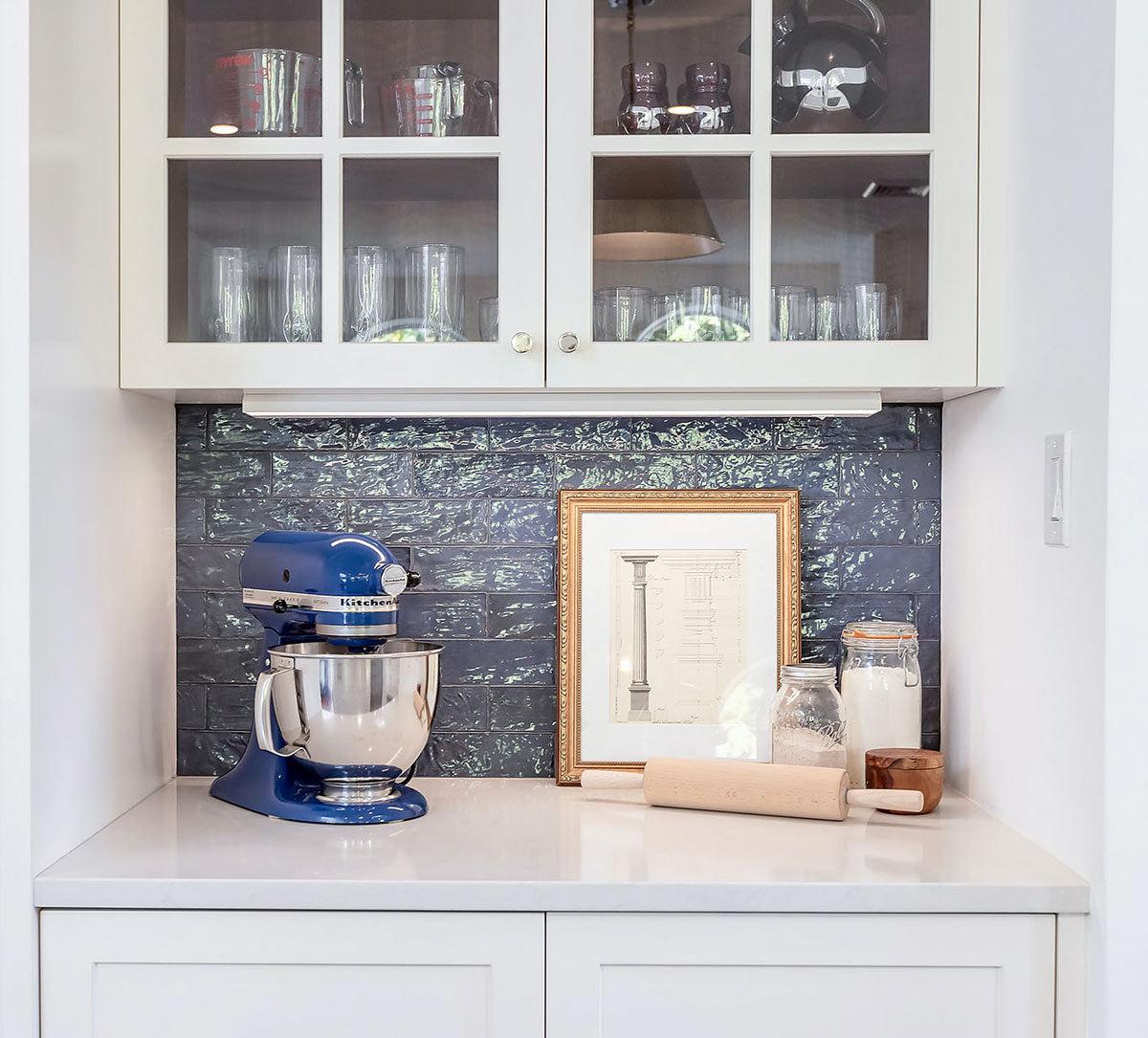 Kitchen pantry nook with a glossy blue ceramic subway tile kitchen wall