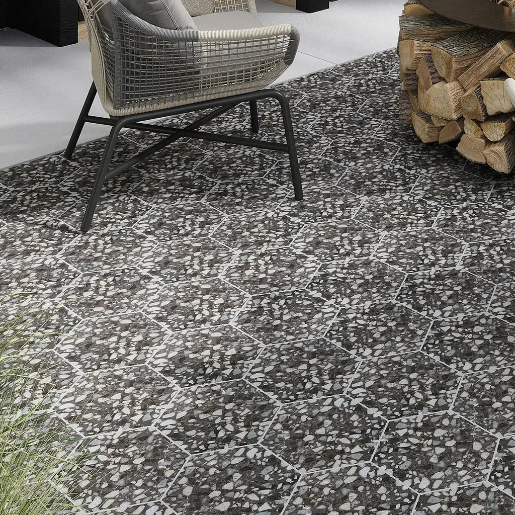 Black and White Chic Terrazzo Hex Porcelain Tile | Tile Club