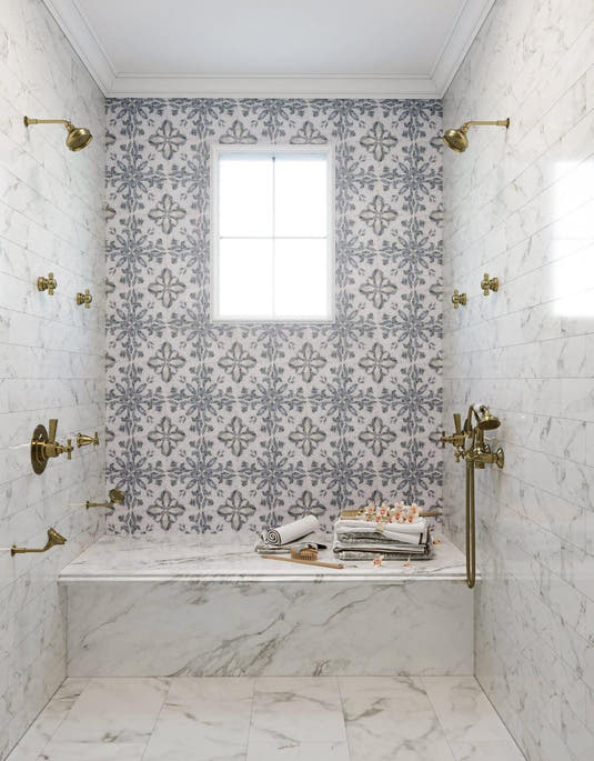 Micro mosaic tile pattern inlay for a shower wall