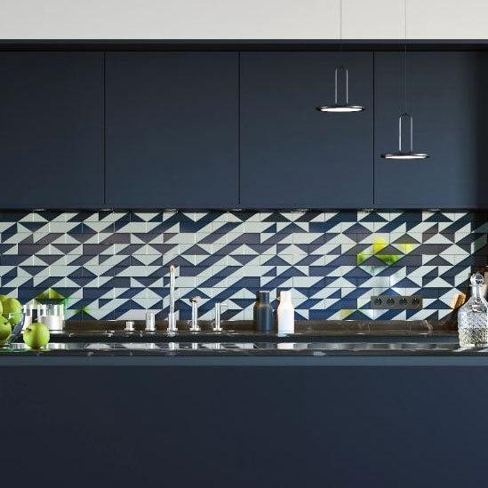 Deco Brick Glass Mosaic Tile for a Geometric Blue and Silver Backsplash