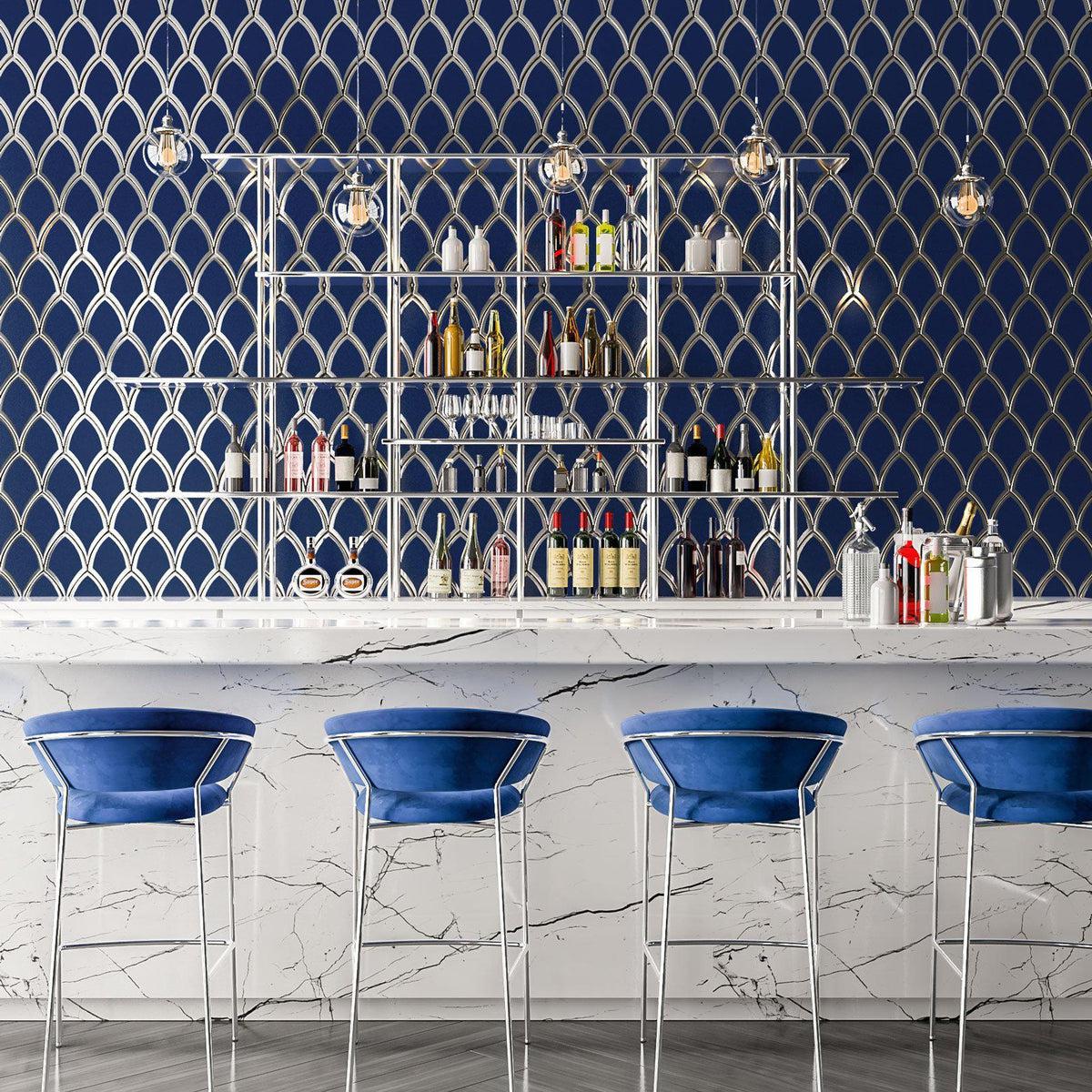 Bar Backsplash for a Rooftop Restaurant with Blue Deco Fan Glass Mosaic Tile