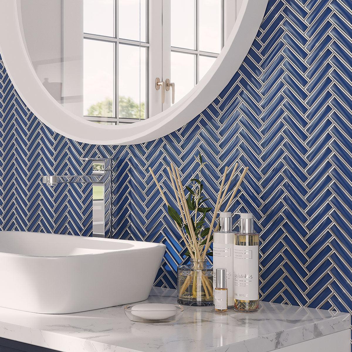 Blue Glass and Chrome herringbone mosaic tile bathroom backsplash