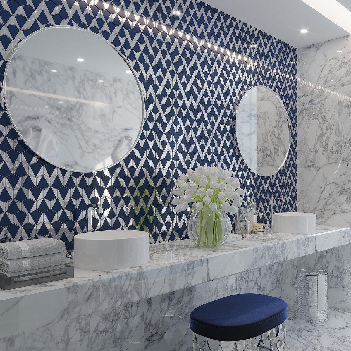 Glamorous Vanity Backsplash for a Marble Bathroom with Blue Deco Hex Glass Mosaic tile